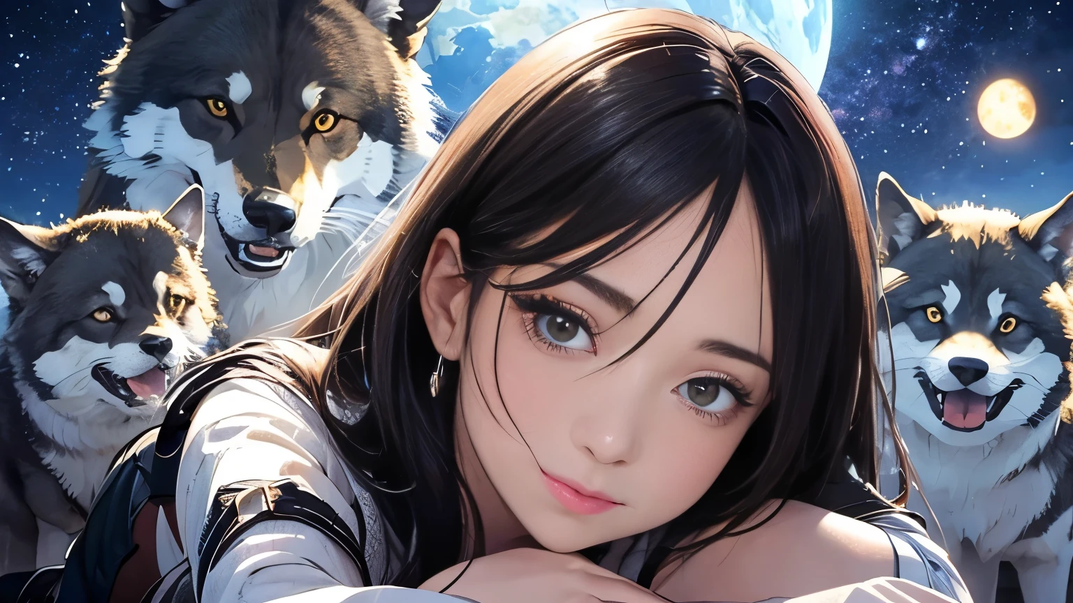 Huge wolves huddled together、Detailed depiction of bulges and wrinkles in ultra-thin underwear, (masterpiece), (Highest quality), One girl, (Perfect Face:1.2), (Beautiful Face:1.2), Black Hair, (From below), Happy, A light smile, View your viewers, Sexy pose, See-through, Outdoor idnight, Night Sky, milky way), Complex, Depth of written boundary, Cinema Lighting,