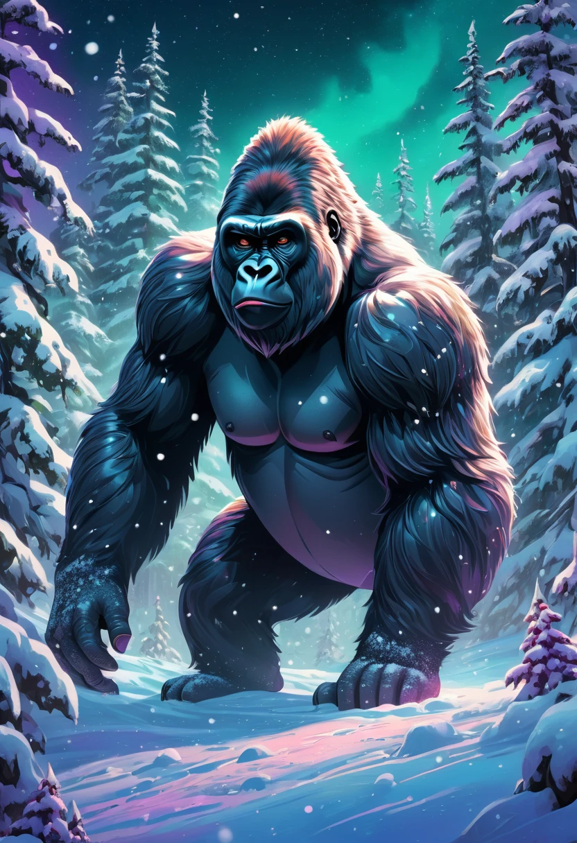 dreamy illustration, fairytale-like, Oil painting, 8K, high definition, Huge Gorilla, Background, Beautiful snow-covered forest, Floating snowflakes, Blizzard, high definition, Golden, Light cyan, Light blue-green , Crimson, light violet, Moonrise colors, Night lit atmosphere (Digital drawing:1.2), comic style, ToonYou Style, illustrative funk, Counterwave graffiti, Perspective view, Extreme face close-up, t-shirt graphic , Ultra high definition, realistic, vivid colors, highly detailed, Ultra high definition drawing, pen and ink, Perfect composition, beautiful, detailed, intricate, insanely detailed, octane rendering trend in artstation, 8k artistic photography, Photorealistic concept art, soft natural volumetric cinematic perfect light