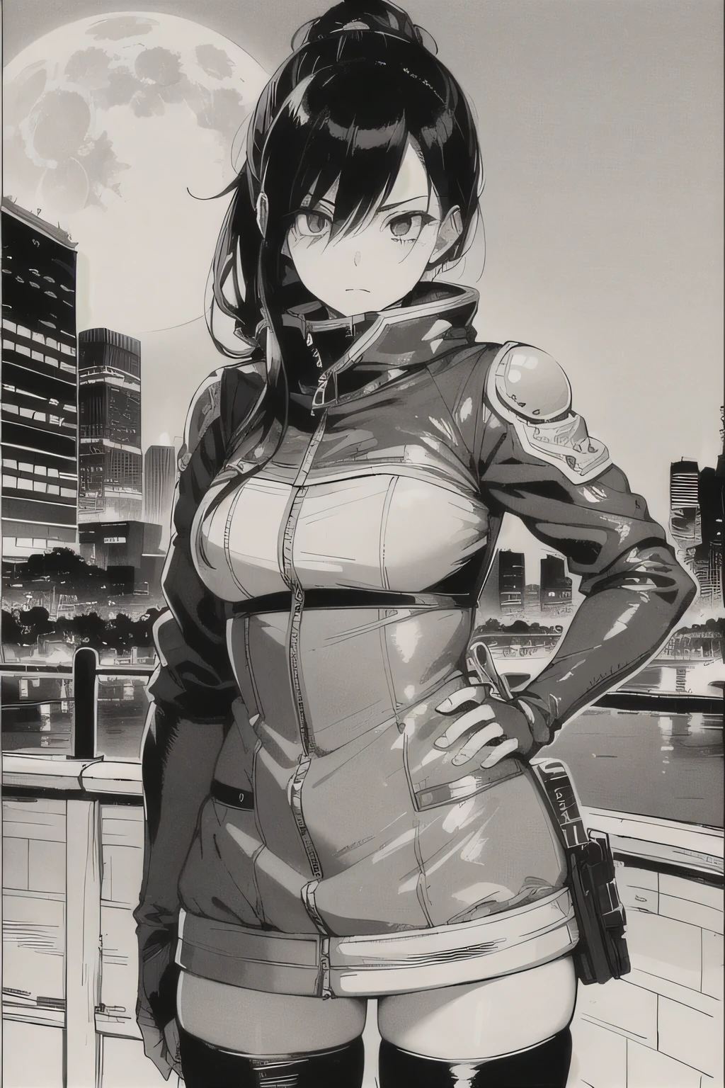 Highest quality, masterpiece, photograph, 4K, photographrealistic, Very detailed,
Girl riding a bicycle, Techwear, Cyberpunk City, alone, Futuristic, Huge moon in the background, Black and White, toriyama akira, close,