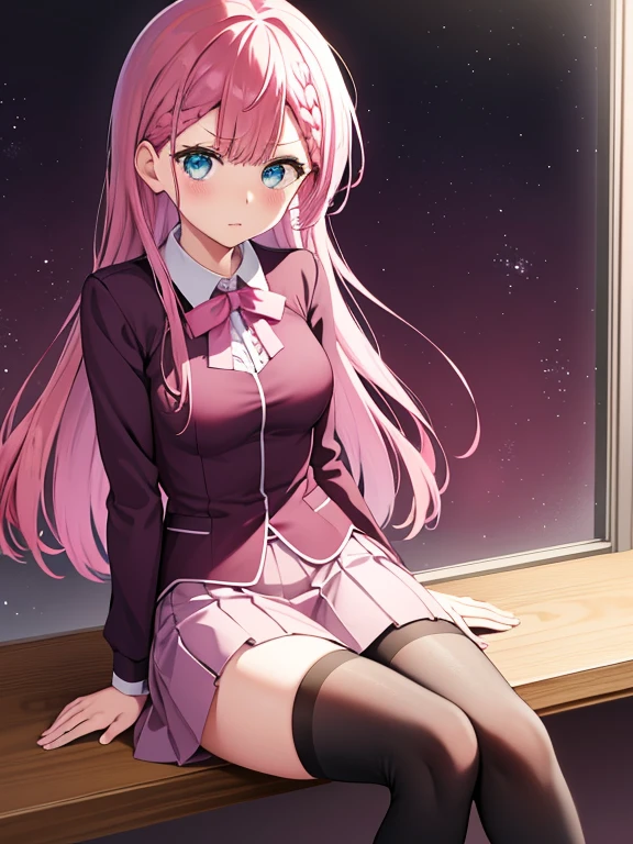 kirusu sitting in bench, black stocking dress, pure pink window background, window background, cheery pink tone behind window outside, bokeh background, blue eyes, pink hair, kirusu mafuyu, pink short skirt, pink and purple skirt, double braid front, extreme high resolution, illustration, unity 8