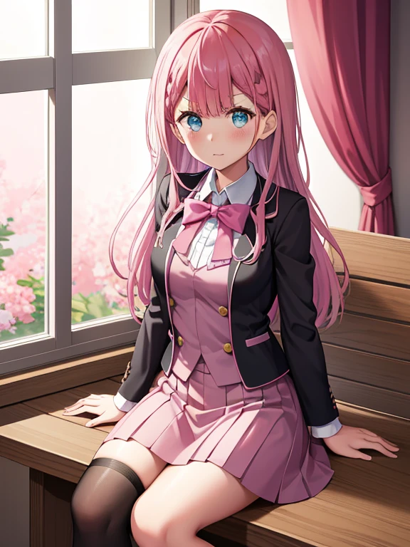 kirusu sitting in bench, black stocking dress, pure pink window background, window background, cheery pink tone behind window outside, bokeh background, blue eyes, pink hair, kirusu mafuyu, pink short skirt, pink and purple skirt, double braid front, extreme high resolution, illustration, unity 8