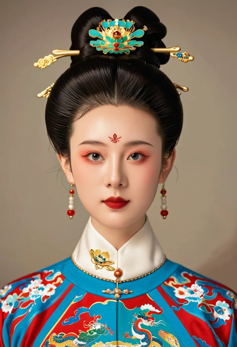 Beautiful girl portrait，symmetry，Round Face，Bright Eyes，Smooth skin，Chinese Qing Dynasty national flag clothing,egotistical,High bun，palace，Clean background