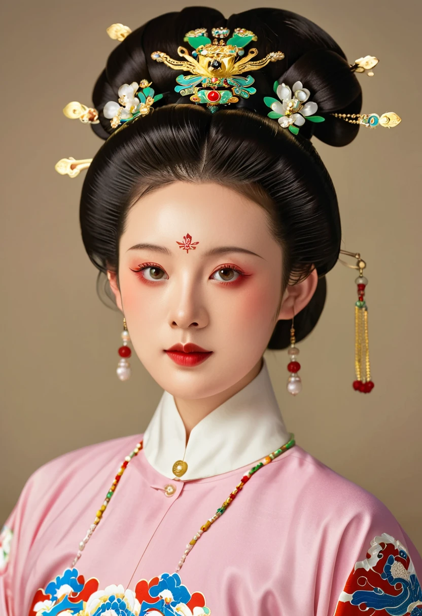 Beautiful girl portrait,symmetry,Round Face,Bright Eyes,Smooth skin,Chinese Qing Dynasty national flag clothing,egotistical,High bun,palace,Clean background