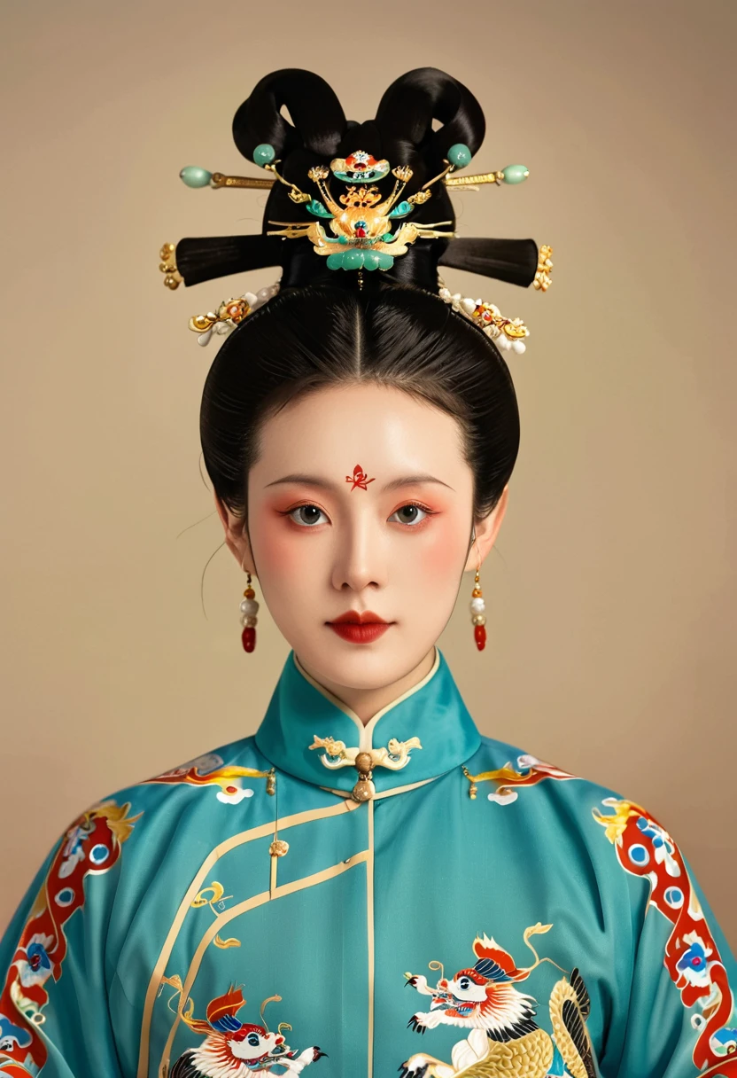 Beautiful girl portrait,symmetry,Round Face,Bright Eyes,Smooth skin,Chinese Qing Dynasty national flag clothing,egotistical,High bun,palace,Clean background
