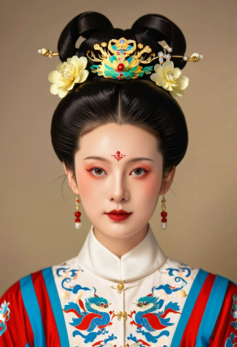 Beautiful girl portrait，symmetry，Round Face，Bright Eyes，Smooth skin，Chinese Qing Dynasty national flag clothing,egotistical,High bun，palace，Clean background