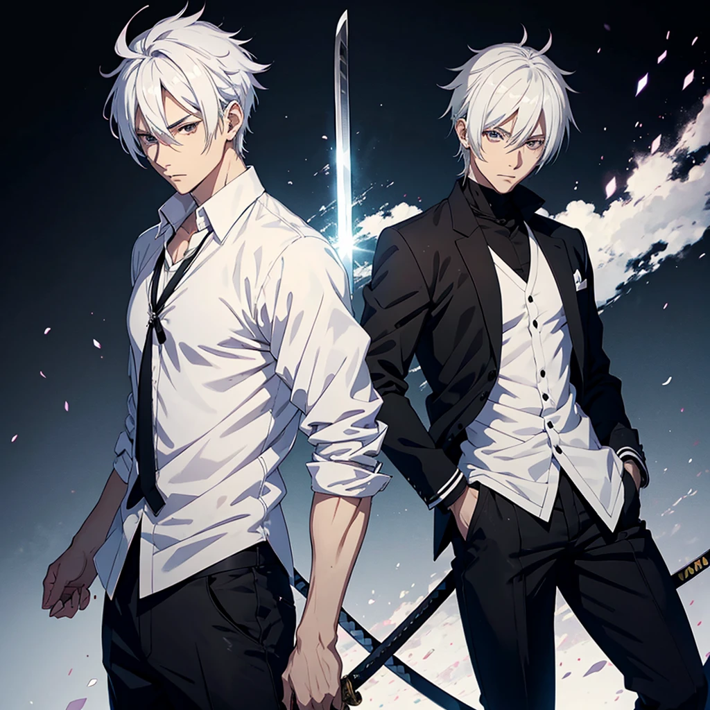 Male anime character with white hair white shirt and black pants and a katana on his back 