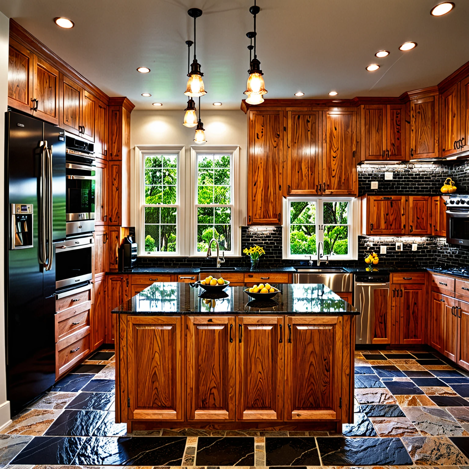 White walls, wooden kitchen cabinets, black stone countertops, granite floors. pendant lights, refrigerator, oven, gas stove, sink