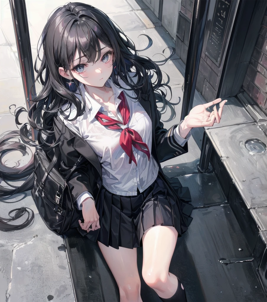 absurdres, RAW photo, extremely delicate and beautiful, masterpiece, Best Quality, ultra high resolution, 32k, hyperrealistic, ultra-detailed, ((perfect anatomy)), super Detailed skin, perfect figure, Very detailed CG 8k wallpaper, in her 20s, very small head, very small face, delicate facial features, tearful mole, earring, very huge round breasts, full body shot, middle hair, wavy hair, outdoor, ((((school uniform)))),