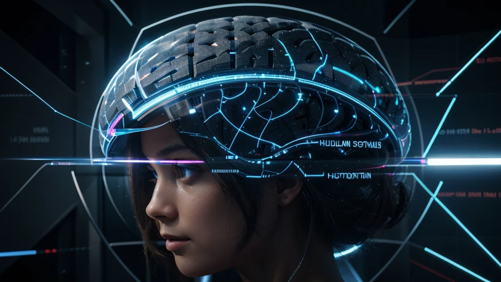 A detailed illustration of a human brain with a small, high-tech chip implanted into it. The brain's neural pathways are illuminated with glowing lines, connecting to the chip. In front of the brain, a transparent holographic screen displays intricate stock market charts, numerical data, and analytical graphs. The brain appears highly focused, with digital signals emanating from the chip, indicating rapid data processing. The background features a sleek, futuristic setting with more holographic displays and high-tech equipment, creating an atmosphere of advanced technology and intense intellectual activity