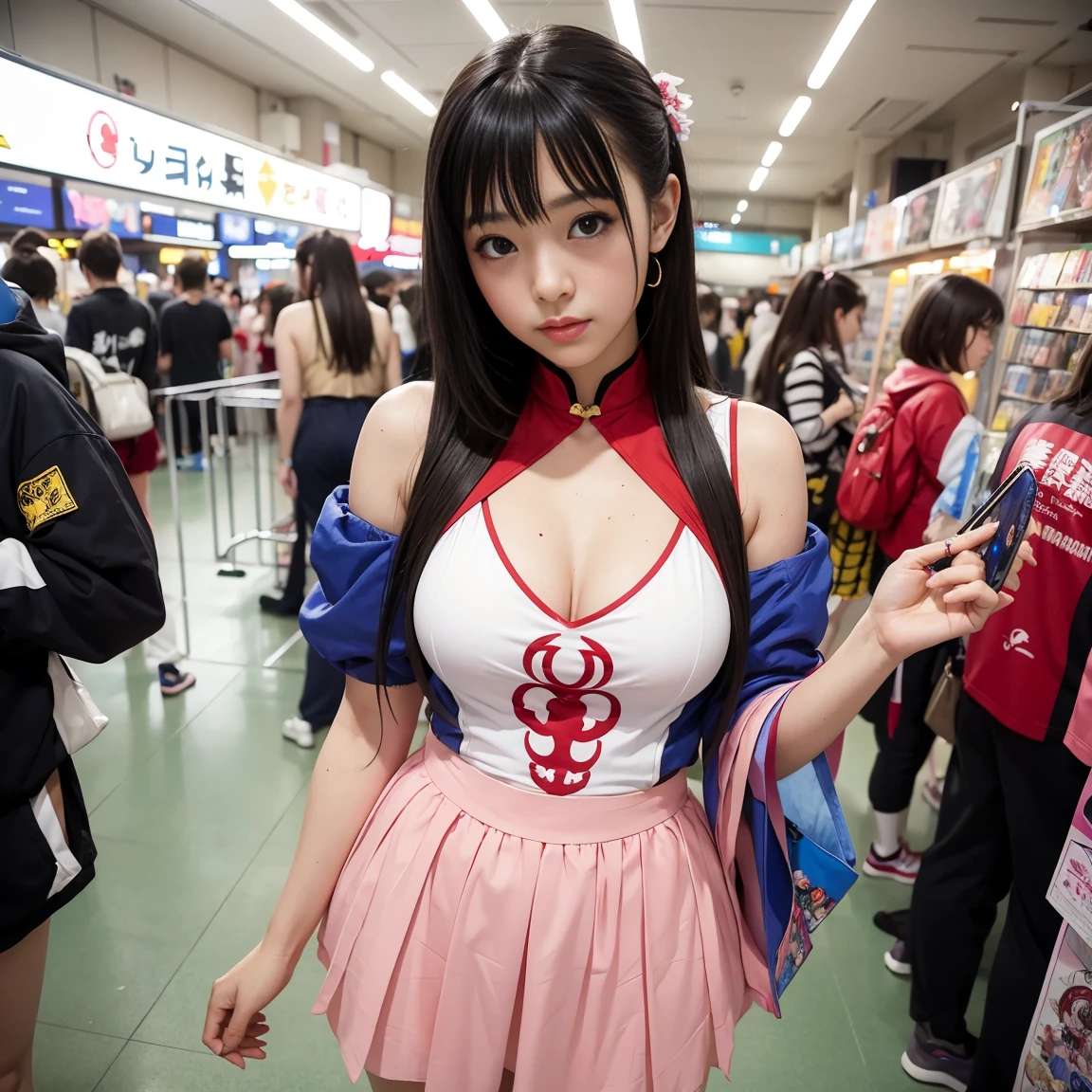 A girl cosplaying at a comic market in Japan. The venue is a miscellaneous mix of anime, games, and retro. The girl was photographed by a top-notch photographer, and the composition and lighting are excellent. The girl is a top cosplayer. The motif of the costume is a wounded angel and a robot. Her clothes were torn here and there, and she looked like a magical girl. The girl is a mixed race of Asian and Western people.