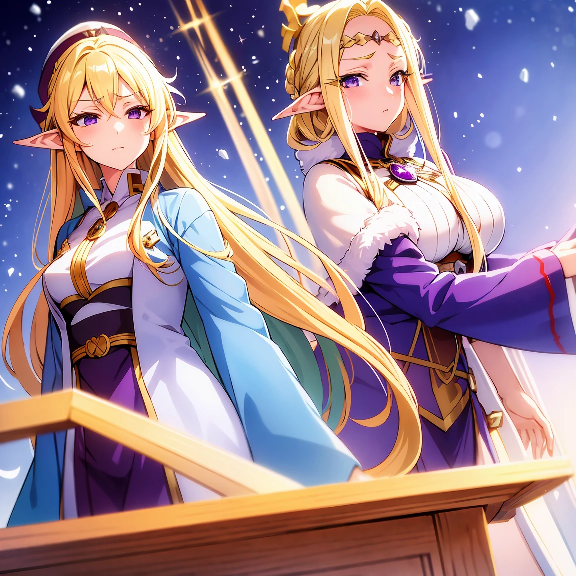 
Anime woman, Elf, pointy ears, long blonde hair, purple eyes, sassy expression, gold crown with blue pendant, winter outfit, blue coat, snow, ice