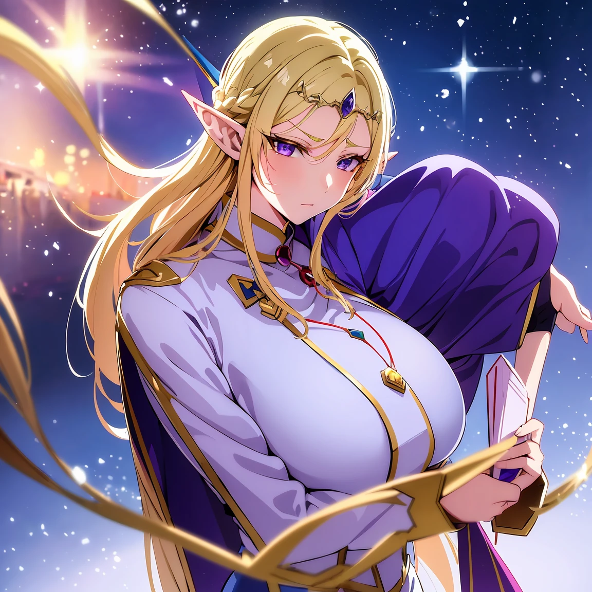 
Anime woman, Elf, pointy ears, long blonde hair, purple eyes, sassy expression, gold crown with blue pendant, winter outfit, blue coat, snow, ice