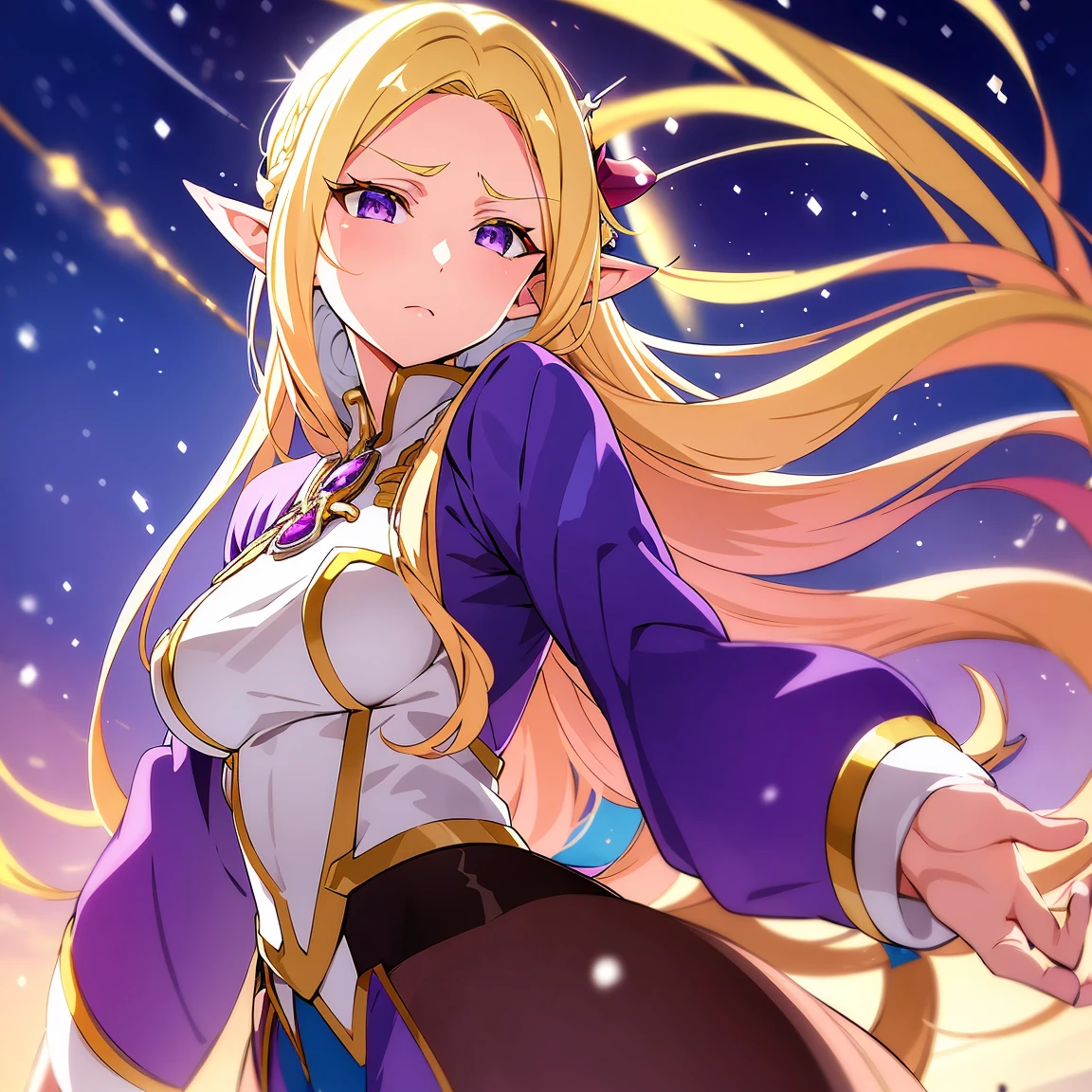 
Anime woman, Elf, pointy ears, long blonde hair, purple eyes, sassy expression, gold crown with blue pendant, winter outfit, blue coat, snow, ice