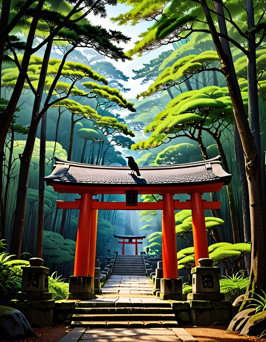 A deserted shrine nestled in a dense forest。A crow is standing on top of the torii gate。