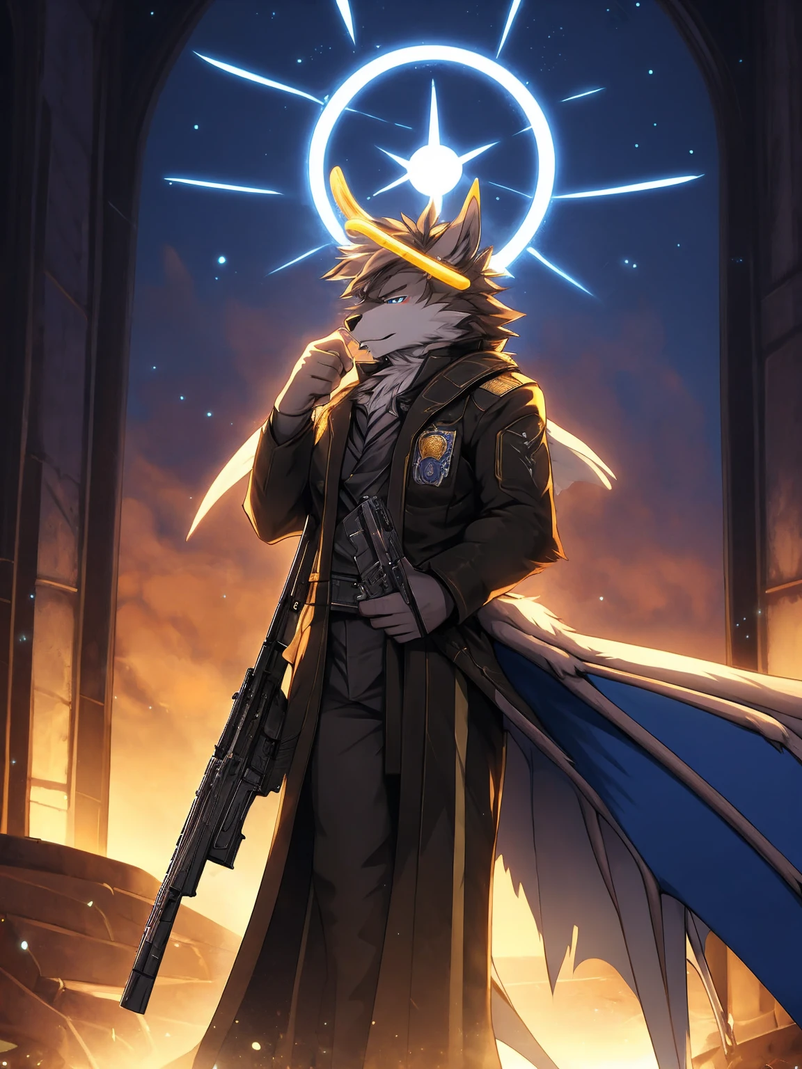 masterpiece, best quality, high quality, CG, 8K, 1 mature male, masterpiece, Halo,wing,gun,stand,