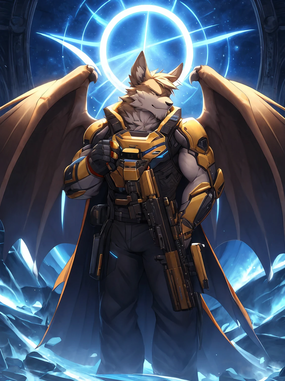 masterpiece, best quality, high quality, CG, 8K, 1 mature male, masterpiece, Halo,wing,gun,stand,