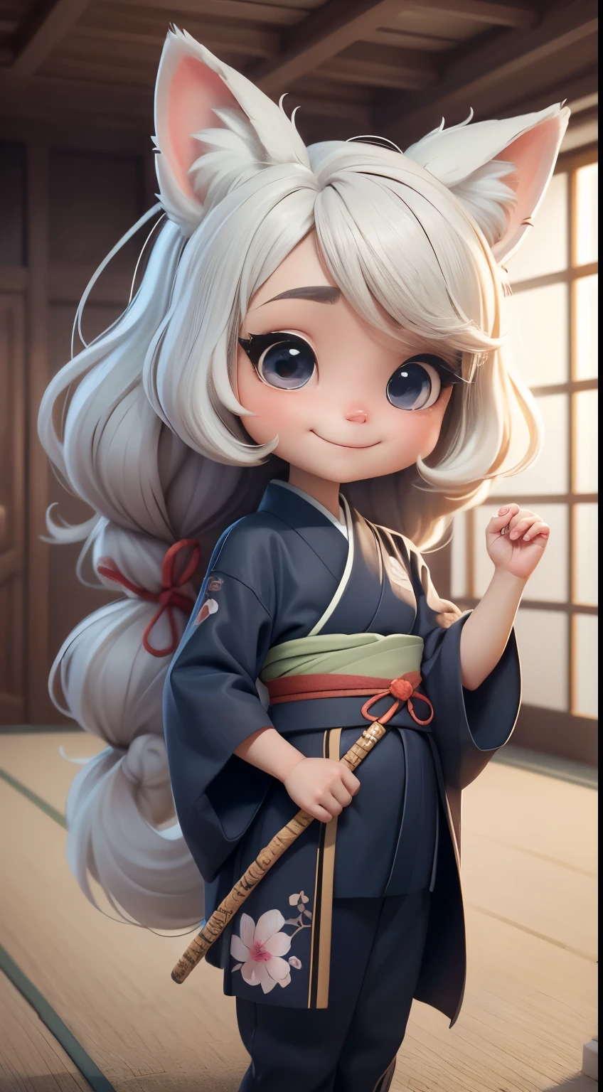 Create a loli baby chibi version of the Alice character in an 8K resolution. A ponytailed girl is practicing kendo in a dojo, wearing a kimono with a fox pattern and a hair tie decorated with a fox, It's sunny, Detailed eyes, clear outlines, kawaii pose, A smile, Raise your right hand, Eye Up, Laugh, radiant light, Taken from the side. She should look adorable and cute. Give him a smiling expression and a sweet smile on his face, capturing the essence of the character in a delicate and charming way.