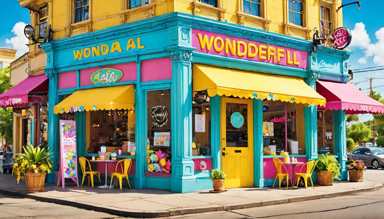 Create a bright and cheerful image of a cafe entrance. Above the door, there's a large, colorful sign that says 'WONDERFUL WANDA' in big, bold letters. The sign should be the main focus of the image. Use vibrant colors like yellow, light blue, and pink. Cute cartoon-style dog paw prints decorate the sign and the area around it. The overall atmosphere should be welcoming and fun, perfect for a dog cafe.