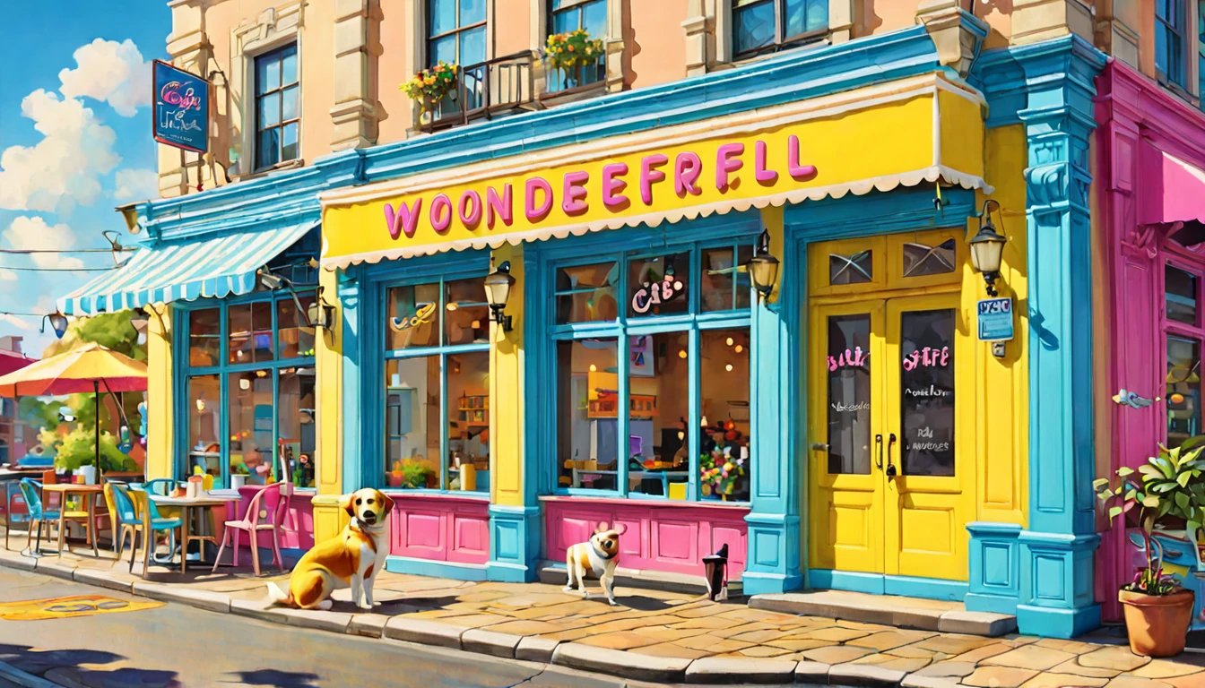 Create a bright and cheerful image of a cafe entrance. Above the door, there's a large, colorful sign that says 'WONDERFUL WANDA' in big, bold letters. The sign should be the main focus of the image. Use vibrant colors like yellow, light blue, and pink. Cute cartoon-style dog paw prints decorate the sign and the area around it. The overall atmosphere should be welcoming and fun, perfect for a dog cafe.