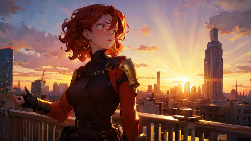 far-shot angle of a woman winking, with curly red hair, simmetric (amber) eyes, (freckles), glossy lips, gold earrings, she's standing on a rooftop, city skyline, sunset, beautiful lights, iper-realistic, masterpiece, cinematic lighting, best quality, anatomically perfect.