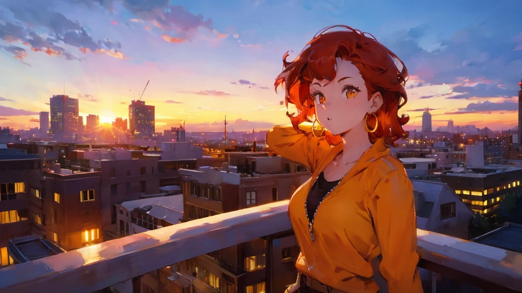 far-shot angle of a woman winking, with curly red hair, simmetric (amber) eyes, (freckles), glossy lips, gold earrings, she's standing on a rooftop, city skyline, sunset, beautiful lights, iper-realistic, masterpiece, cinematic lighting, best quality, anatomically perfect.
