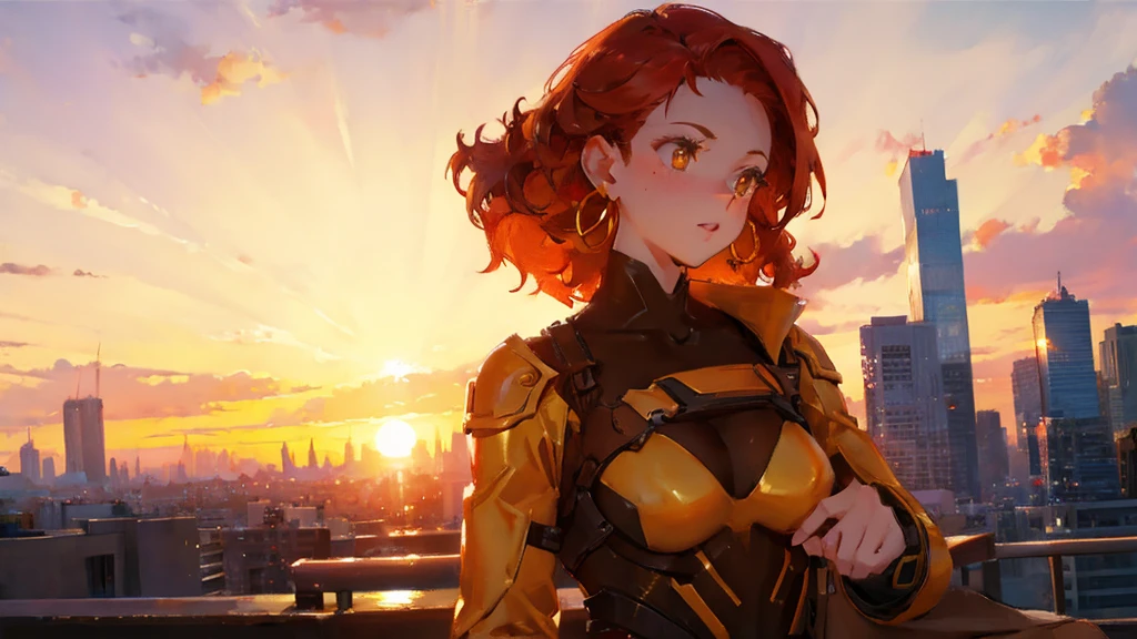 far-shot angle of a woman winking, with curly red hair, simmetric (amber) eyes, (freckles), glossy lips, gold earrings, she's standing on a rooftop, city skyline, sunset, beautiful lights, iper-realistic, masterpiece, cinematic lighting, best quality, anatomically perfect.