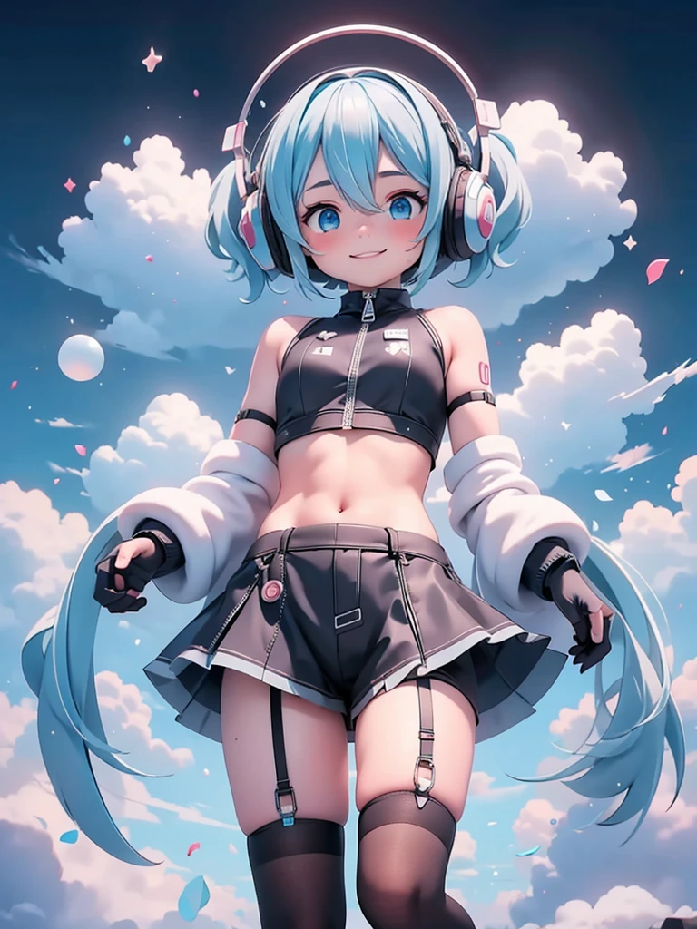 (masterpiece、Highest quality、Highest quality、Official Art、Beautiful and beautiful:1.2)、(One Girl:1.3)hatsune miku、Twin tails,Big Breasts,Yanhe, cry, One Girl, black gloves, black Shorts, black Knee socks, blue null, chest, chest apart, cable, cloud, cloudy null, Crop top, Crop top overhang, Day, elbow gloves, From below, gloves, blue eyes, Hair between the eyes, hand on Headphones, Headphones, medium chest, leg ribbon, View your audience, abdomen, belly button, petal, ribbon, shirt, very short hair, short hair, Shorts, null, Sleeveless, Sleeveless shirt, smile, alone, thigh ribbon, Thigh straps, Knee socks, The button is off, Underbust, upshirt, Gray Hair, zipper