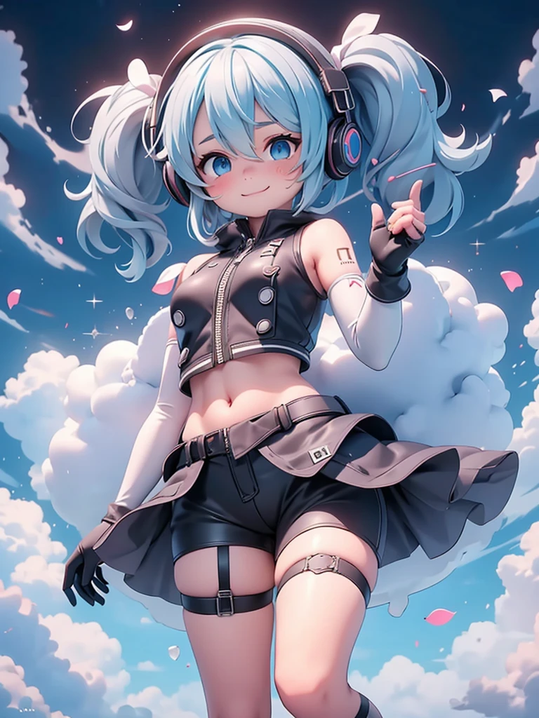 (masterpiece、Highest quality、Highest quality、Official Art、Beautiful and beautiful:1.2)、(One Girl:1.3)hatsune miku、Twin tails,Big Breasts,Yanhe, cry, One Girl, black gloves, black Shorts, black Knee socks, blue null, chest, chest apart, cable, cloud, cloudy null, Crop top, Crop top overhang, Day, elbow gloves, From below, gloves, blue eyes, Hair between the eyes, hand on Headphones, Headphones, medium chest, leg ribbon, View your audience, abdomen, belly button, petal, ribbon, shirt, very short hair, short hair, Shorts, null, Sleeveless, Sleeveless shirt, smile, alone, thigh ribbon, Thigh straps, Knee socks, The button is off, Underbust, upshirt, Gray Hair, zipper