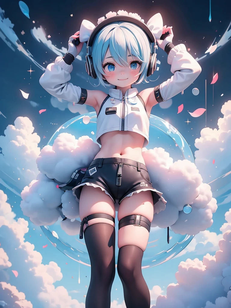 (masterpiece、Highest quality、Highest quality、Official Art、Beautiful and beautiful:1.2)、(One Girl:1.3)hatsune miku、Twin tails,Big Breasts,Yanhe, cry, One Girl, black gloves, black Shorts, black Knee socks, blue null, chest, chest apart, cable, cloud, cloudy null, Crop top, Crop top overhang, Day, elbow gloves, From below, gloves, blue eyes, Hair between the eyes, hand on Headphones, Headphones, medium chest, leg ribbon, View your audience, abdomen, belly button, petal, ribbon, shirt, very short hair, short hair, Shorts, null, Sleeveless, Sleeveless shirt, smile, alone, thigh ribbon, Thigh straps, Knee socks, The button is off, Underbust, upshirt, Gray Hair, zipper