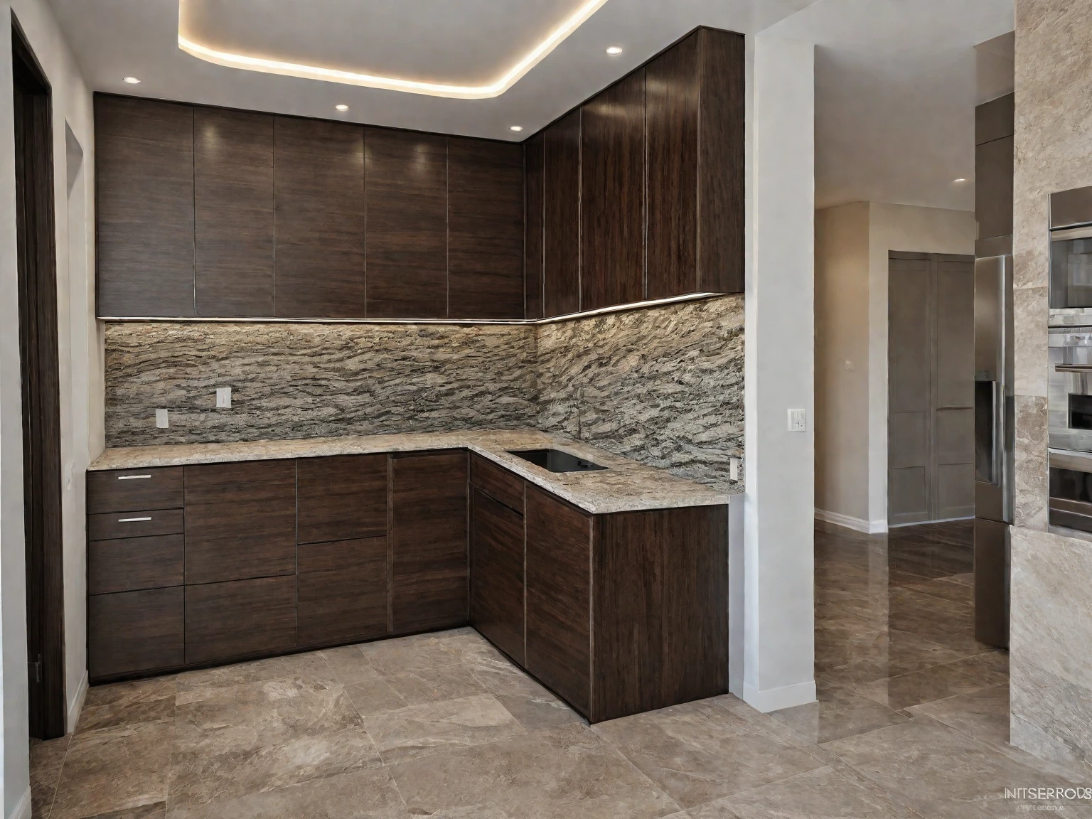 kitchen inteiror, modern style, wood cabinet, granite counter top, realistic, high quality, masterpiece