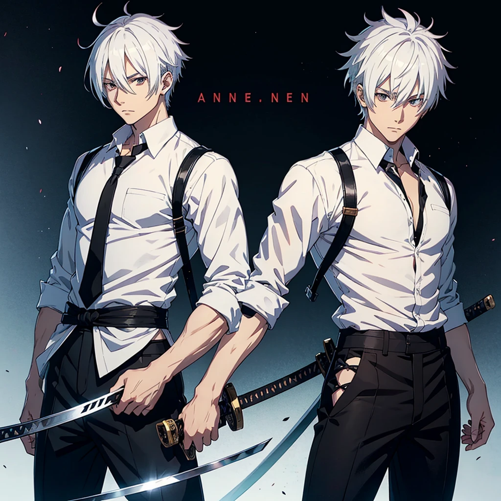Male anime character with white hair white shirt and black pants and a katana on his back 