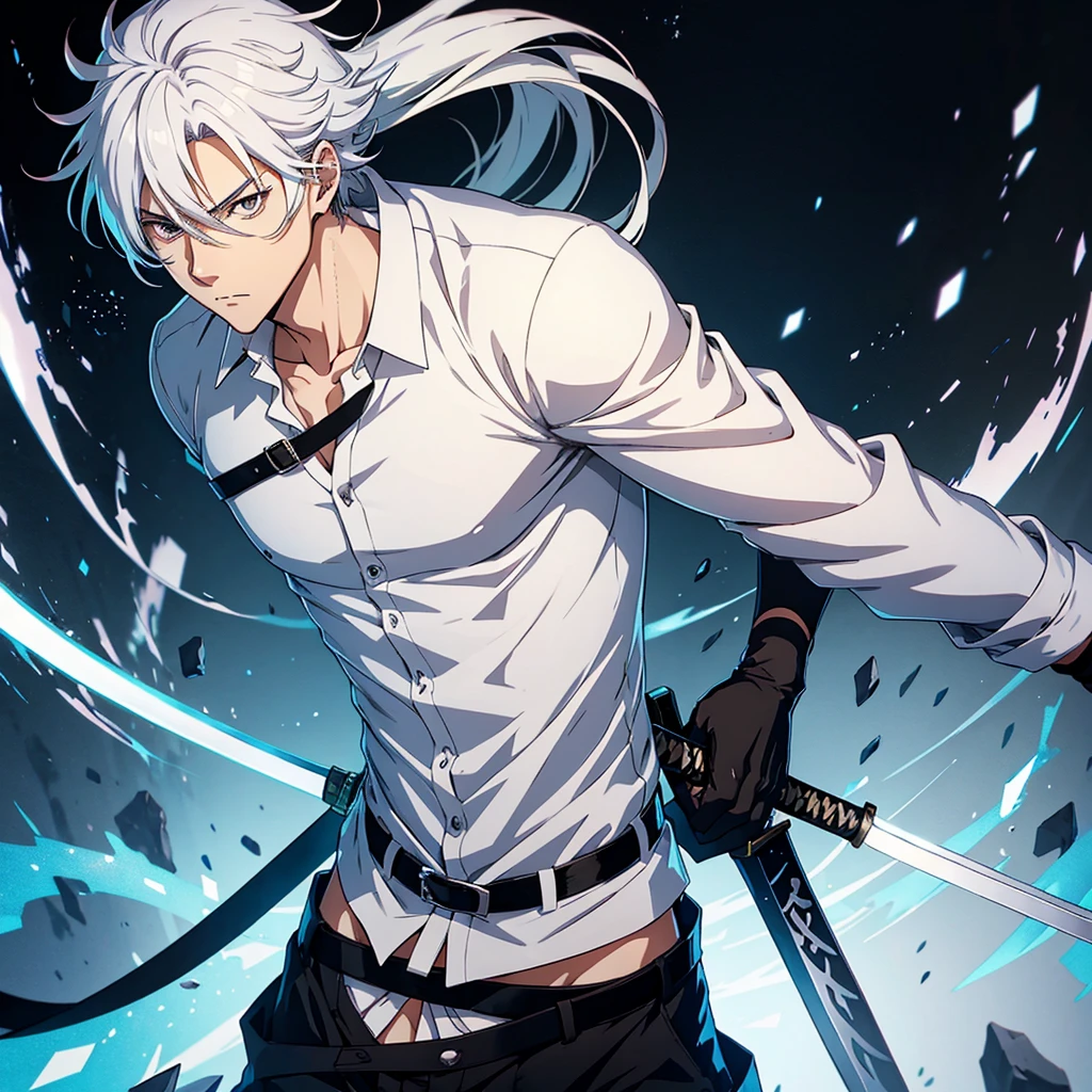 Male anime character with white hair white shirt and black pants and a katana on his back