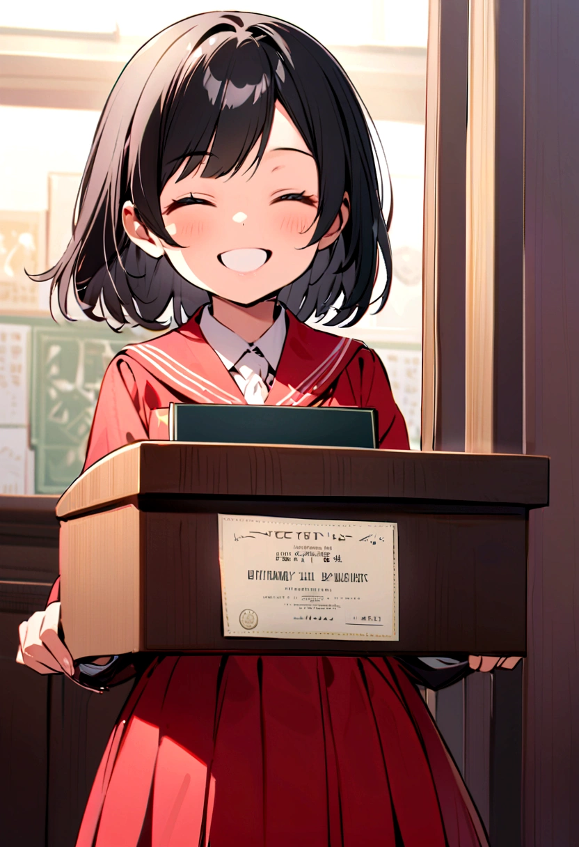 A  girl,with long black hair with bangs, standing in a podium holding a with honors certificate,smiling happily her eyes closed, wearing a  with a red skirt