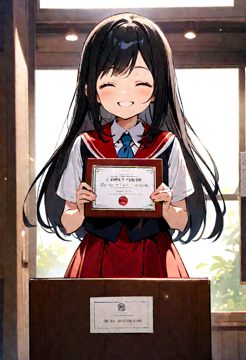 A girl,with long black hair with bangs, standing in a podium holding a with honors certificate,smiling happily her eyes closed, wearing a with a red skirt