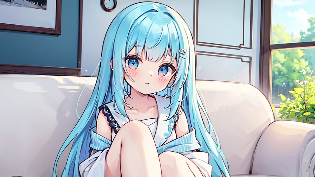 Light blue hair、Light blue eyes、Long Hair、Cute、Young、aloneの、Wearing a white dress、Sitting on the sofa、Looking at me、Face is close、alone