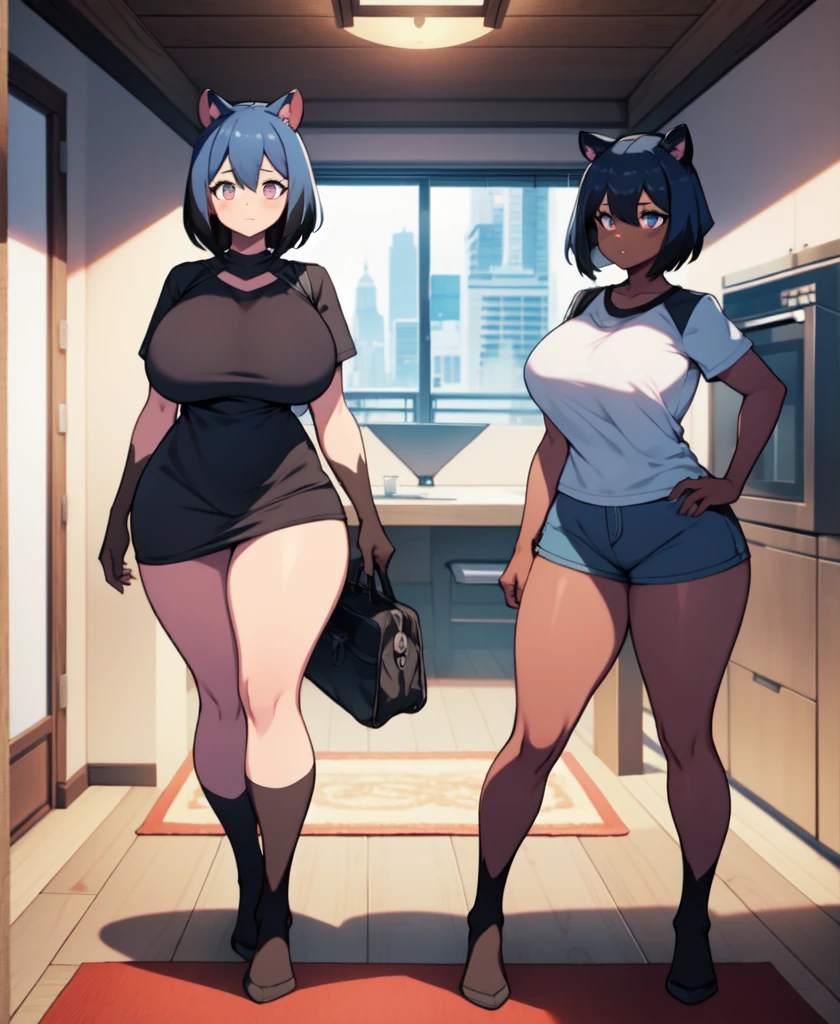 BNA masterpiece, best quality, 1girl, animal ears, solo, furry, raccoon ears, furry female, blue hair, short hair, raccoon girl, closed mouth, full body, multicolored hair, indoors, body fur, multicolored eyes, black hair, two-tone hair, looking to the viewer, bangs, hair between eyes, animal nose, huge round breasts, very thick round thighs, large thighs, plumpy thighs, wide hips, apartment, thick body, milf, thick milf, only wearing a shirt, naked body, standing up