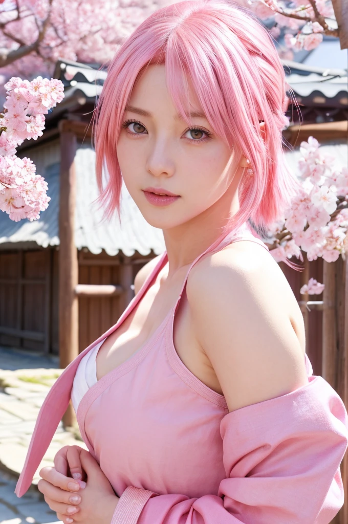 Sakura Haruno in a realistic style, standing in a traditional Japanese village with cherry blossoms in full bloom, (detailed pink hair:1.3), (lifelike facial expressions), (realistic shinobi outfit), (soft lighting), (vivid colors), highly detailed background, (dynamic and realistic pose), (captivating eyes:1.2), (realistic skin texture), cinematic composition