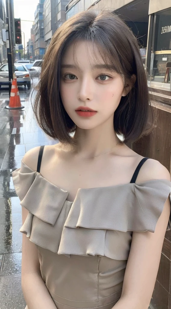 ((Highest quality, 8K, masterpiece: 1.3)), concentrated: 1.2, Perfect Body Beauty: 1.4, Hips: 1.2, ((Layered Haircut, Flat Chest: 1.2)), (rain, street:1.3), Bandeau dress: 1.1, Highly detailed face and skin texture, Beautiful Eyes, double eyelid, White skin, Long Hair, (shut up: 1.3), whole body