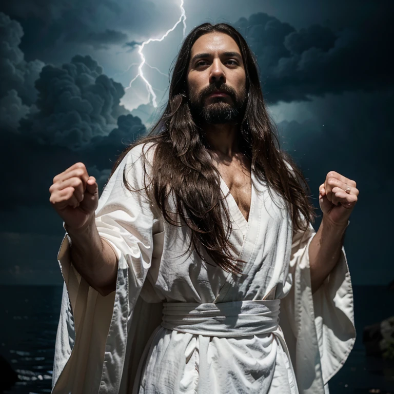 a detailed, full-frame shot captures jesus christ, clad in a white robe and red sash, pointing his finger at the viewer. his long black hair is parted down the middle, and he wears a dark beard and mustache. his eyes are wide open, and his face is adorned with a stern expression. his right hand is extended towards the viewer, while his left hand is clenched into a fist. the background features a dramatic sky filled with lightning bolts, adding depth to the composition.
