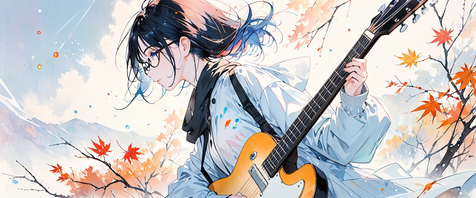 A painting by mse《man wearing glasses》,author:agnes cecile, Luminous design, Soft colors, Ink drops, Autumn Lights, Holding Guitar, Accorstic guitar, side view
