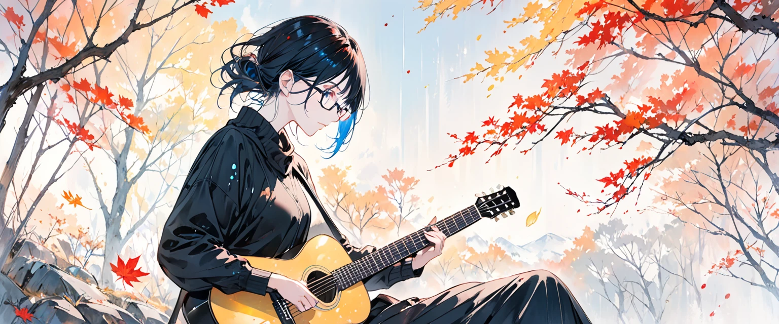A painting by mse《man wearing glasses》,author:agnes cecile, Luminous design, Soft colors, Ink drops, Autumn Lights, Holding Guitar, Accorstic guitar, side view