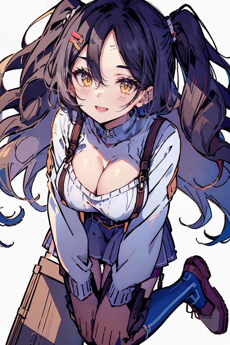 (masterpiece:1.2), (high quality:1.2), (character design sheet, same character, front, side, back), illustration, (hui xiyi:0.6), rekkyo sensen, rekkyou sensen, girls with((black hair, bangs, (one side up, long wavy hair, hair clips:1.55), hand up, waving is hands, perfect hands, perfect fingers, (exposed breasts, tits cleavage, breasts close up:1.2), dress((suspenders, dress, belts:1.15), (blue clothes, frills shirt, white knit sweater, long sleeves:1.2)), (white legwear, single legwear, pumps:1.54))), background with((simple background, white background: 1.3))