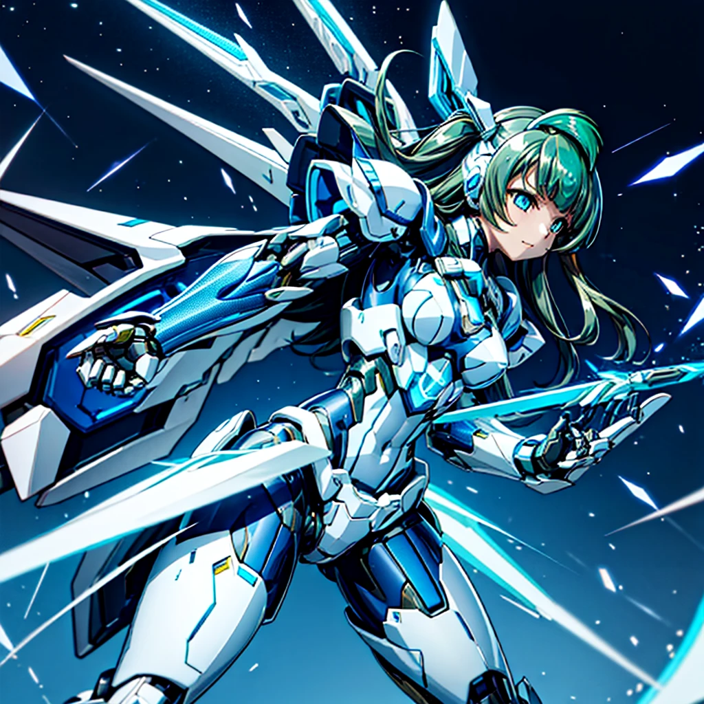 masterpiece, high quality, Cyborgization、Gynoid Cyborg Body、The face is of Minami Kotori.、mechanical parts、Blue and white leotard armor、solo focus、Single image、from front, full body、Mechabare、damage、When it breaks down, precision machinery is exposed from the body.、The armor in the crotch area opens up to reveal the refueling parts.