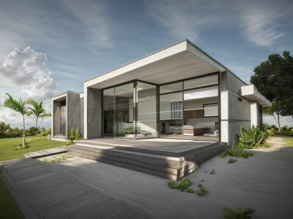 exterior of house, modern style, nice tropical landscape, morning, sky, few cloud, realistic, high quality, masterpiece