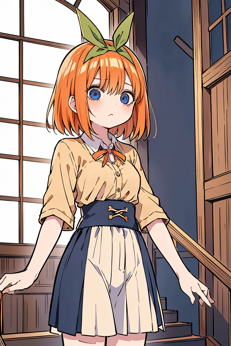 Yotsuba nakano, comind down the stairs, looking down,, yotsuba going downstairs, surrounded by creepy stuff,  (1 girl, solo, alone), , sfw, nakano_yotsuba, blue eyes, indigo eyes, aayotsuba, short orange hair, yotsuba from The Quintessential Quintuplets, masterpiece, 4k, ultradetailed, cowboy shot, short orange hair, green ribbon, hair ribbon, blue eyes, innocent, pure, tender, by junji ito, creepy, dark