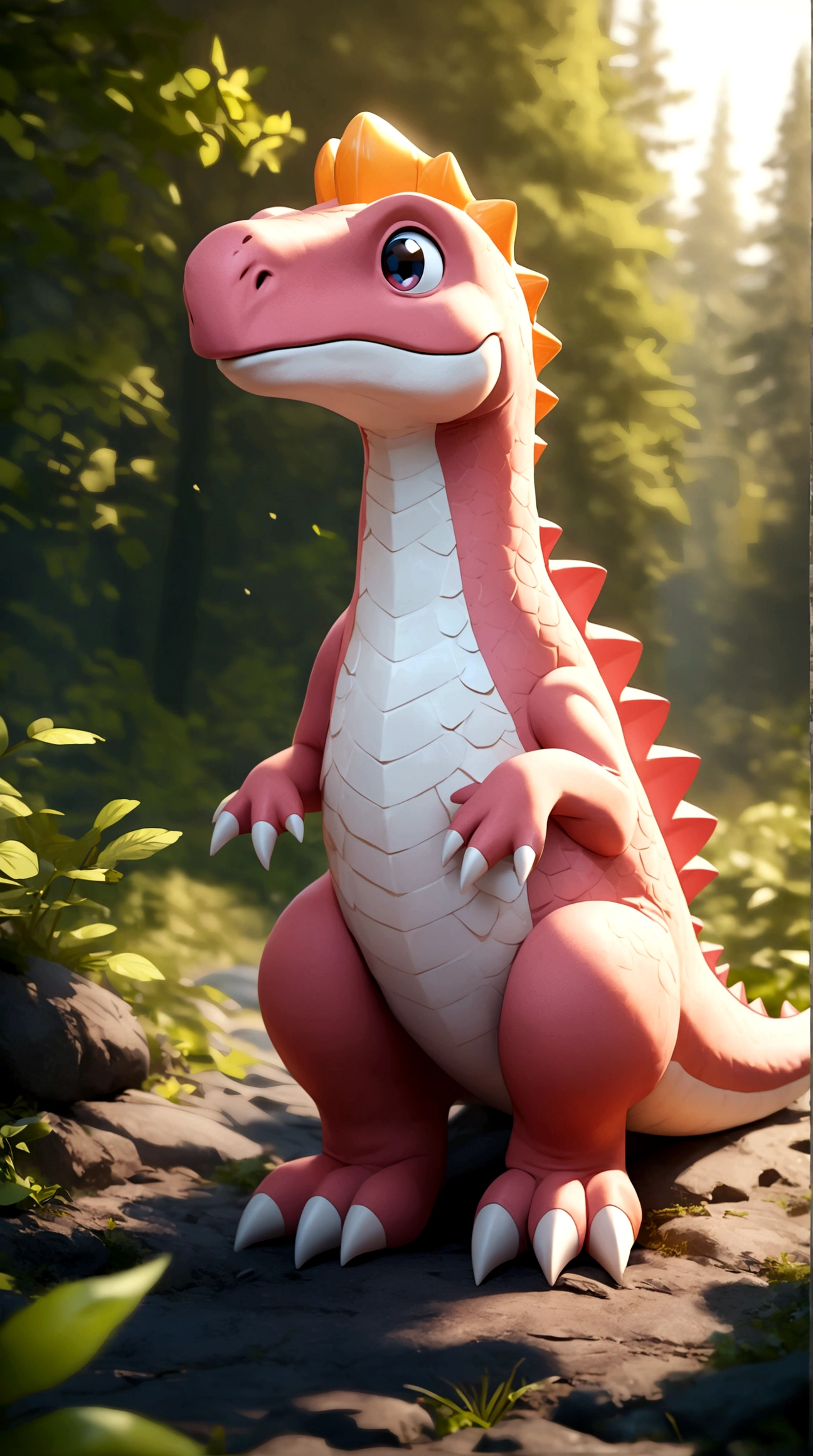 solo, full body, outdoors, blurry, no humans,Pink dinosaur,