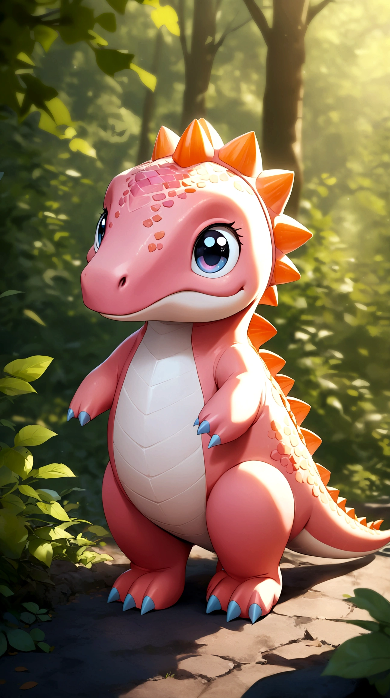 solo, full body, outdoors, blurry, no humans,Pink dinosaur,