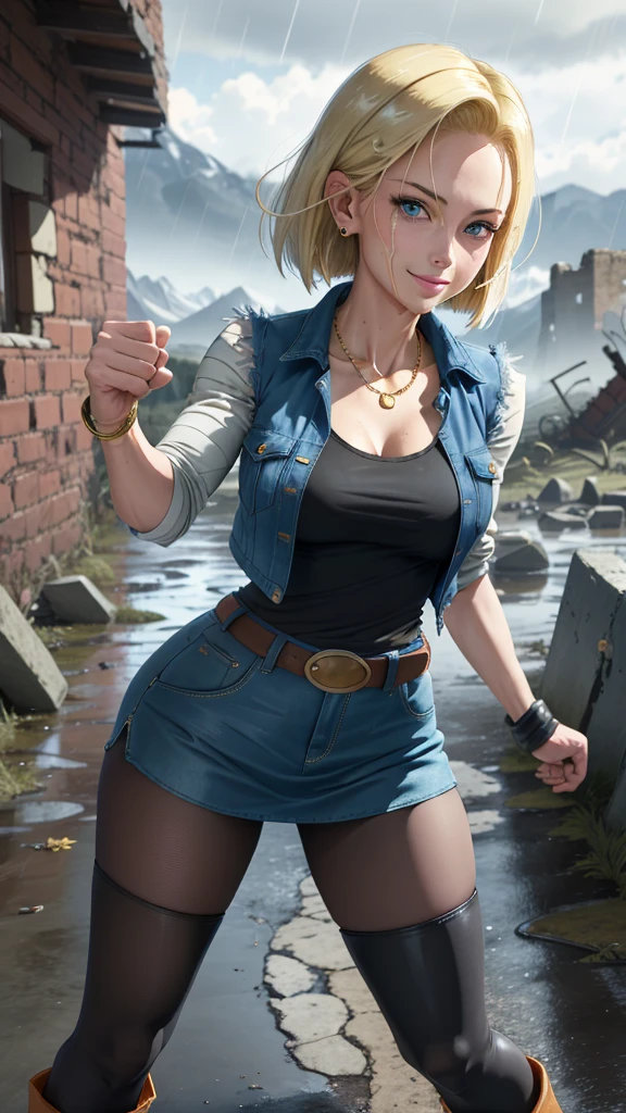 best quality, highres, and18, 1girl, android 18, solo girl, 1girl, blonde hair, blue eyes, belt, boots, tight blue demin skirt, gold_necklace, black shirt, short hair, long striped sleeves, earrings, open vest, denim vest, , cowboy shot, mountains, straight-on, (weather: raining and windy), wet body, smile, combat stance, full length pantyhose, battle ruins, wide , thick legs, torn clothes, closed fists, ,rainboots