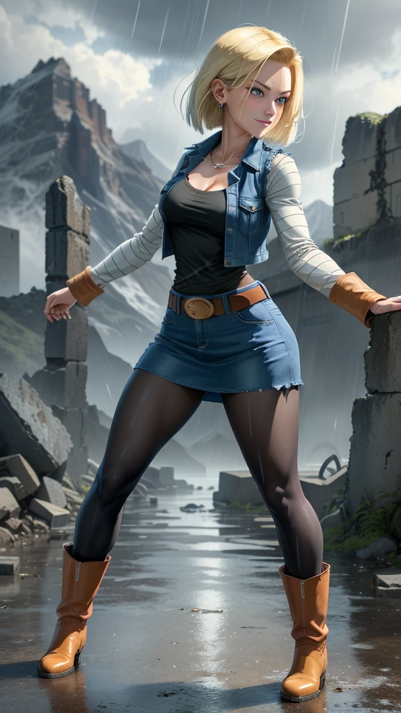 best quality, highres, and18, 1girl, android 18, solo girl, 1girl, blonde hair, blue eyes, belt, boots, tight blue demin skirt, gold_necklace, black shirt, short hair, long striped sleeves, earrings, open vest, denim vest, medium breasts, cowboy shot, mountains, straight-on, (weather: raining and windy), wet body, sexy smile, combat stance, full length pantyhose, battle ruins, wide hips, thick legs, torn clothes, closed fists, from behind,rainboots