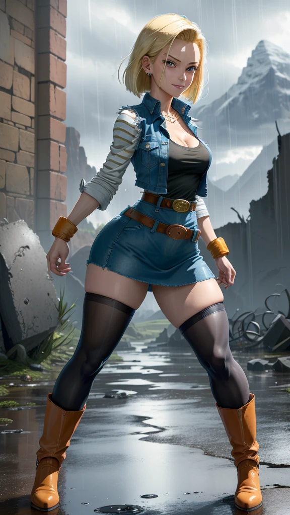 best quality, highres, and18, 1girl, android 18, solo girl, 1girl, blonde hair, blue eyes, belt, high heels, black long bodycon skirt, gold necklace, white blouse, short hair, blue sweater, earrings, medium breasts, cowboy shot, mountains, straight-on, (weather: raining and windy), wet body, sexy smile, combat stance, thigh high stockings, garter belt, battle ruins, wide hips, thick legs, torn clothes, closed fists, hair pin,